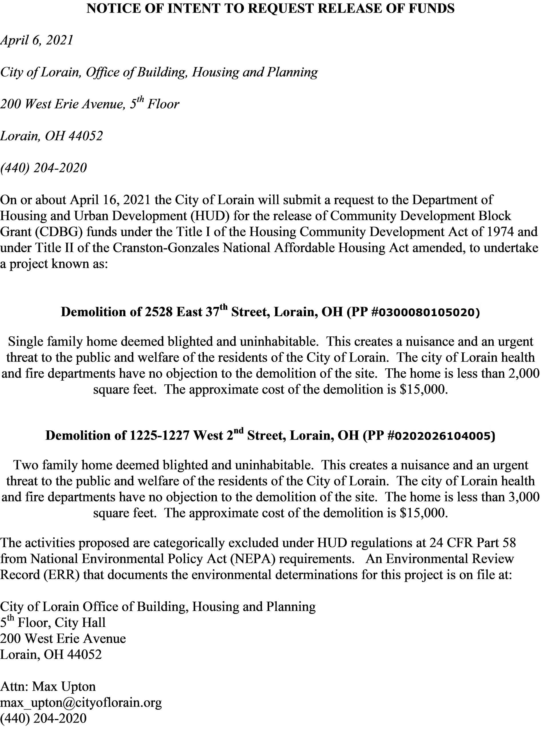NOI 2528 E37 and 1225-1227 W2nd