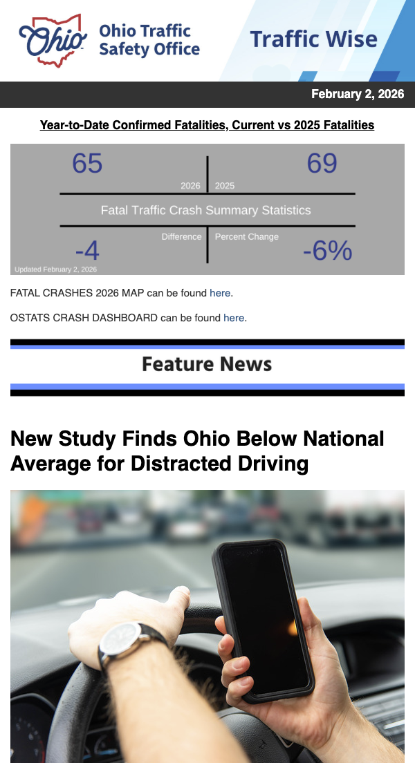 Ohio Traffic Safety Office graphic showing 2026 YTD traffic fatalities: 65 vs 69 in 2025.