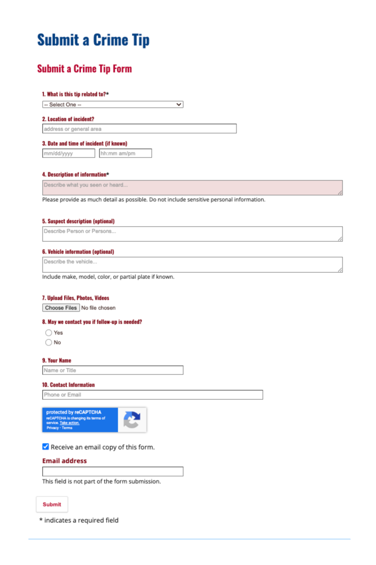 Displays the new Crime Submission Portal form.