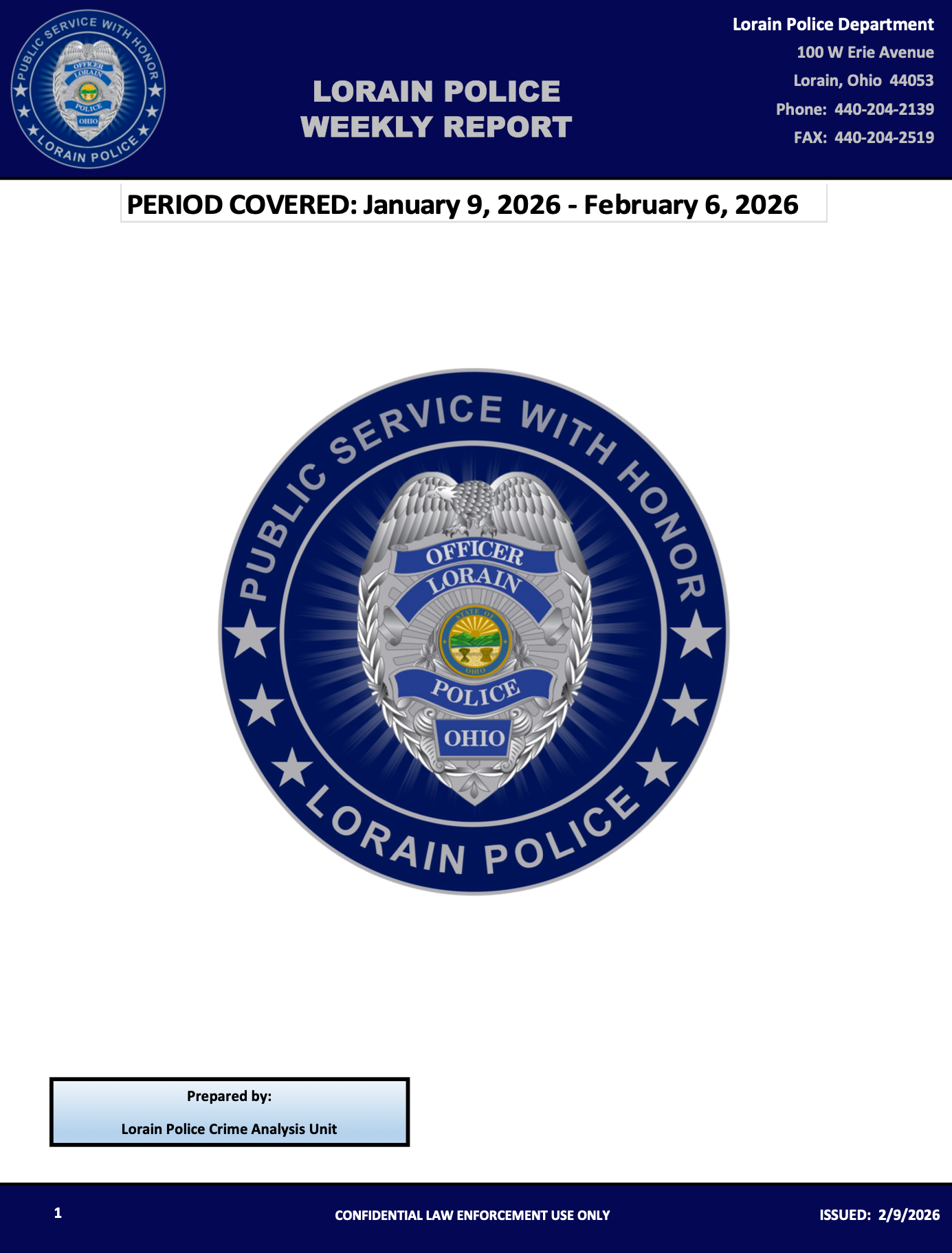 Cover page of Lorain Police Weekly Report showing department seal and reporting period dates